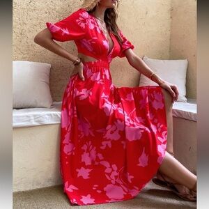 Chic Red and Pink Floral Midi Dress